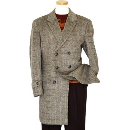 Inserch Brown / Cream With Rust Windowpanes 3/4 Wool Blend Coat 50102